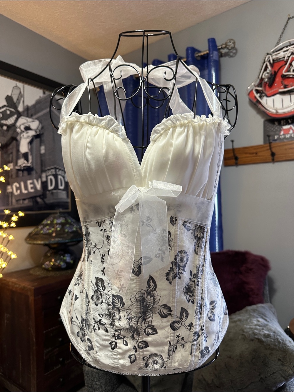 Ivory Satin and Black Floral Lace Corset Top